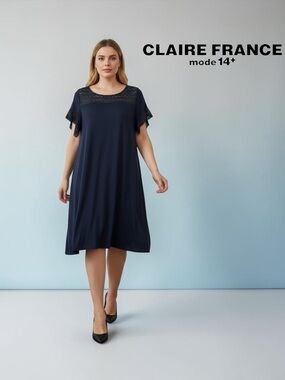 Claire France, 2X Plus Size, Navy Lace Midi Dress Stretch Flutter Slee